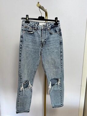 Topshop Mom Jeans Distressed Straight Leg Jeans Blue Waist 27